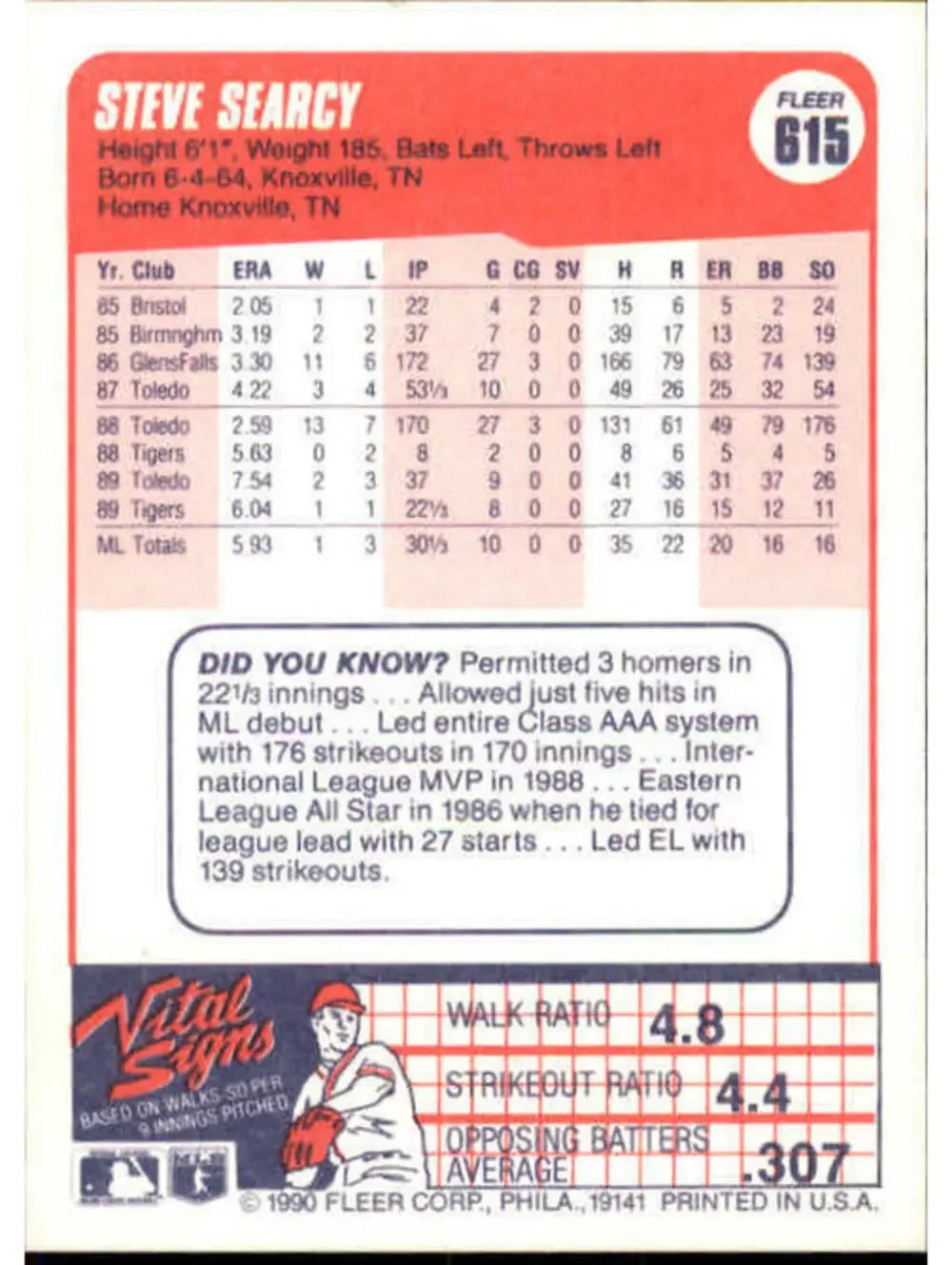 1990 Steve Searcy Fleer Baseball Card #615